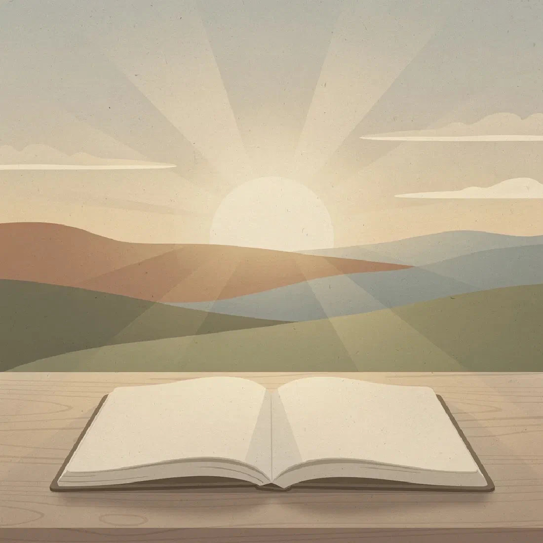 Illustratie van een opkomende zon boven een rustig landschap, met zachte lichtstralen; op de voorgrond een open boek waarvan de pagina's oplichten in het ochtendlicht.