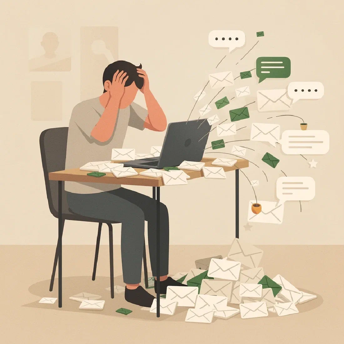 Illustratie van een ontwikkelaar met zijn handen in het haar achter een laptop waar een stroom enveloppen en meldingen uit stroomt.
